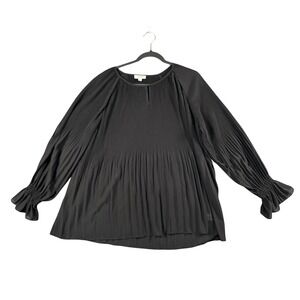 Umgee Black Pleated Tunic Top Women's S Keyhole Long Sleeve Boho Chic